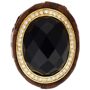 Unique brown leather diamond and topaz ring set in 18k yellow gold. Size 6.25