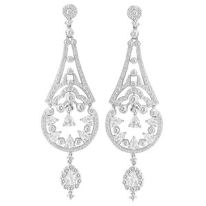 Large Diamond Chandelier earrings with round and rose cut diamonds in 18k white gold