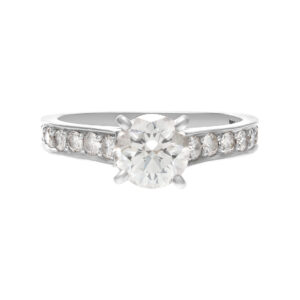 Cartier GIA certified 1.01cts round brilliant cut center diamond (F color, Internally Flawless clarity, Excellent Cut, Excellent polish, Excellent symmetry)  engagement ring in platinum. Size 6