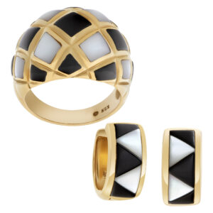 Kabana earring and ring set in  14k yellow gold with onyx and mother of pearl accents