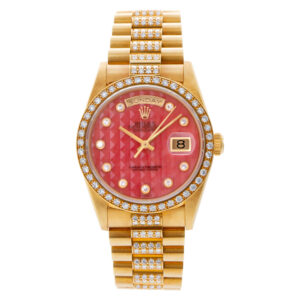 Rolex Day-Date Pyramid Coral diamond dial, diamond bezel, diamond bracelet watch