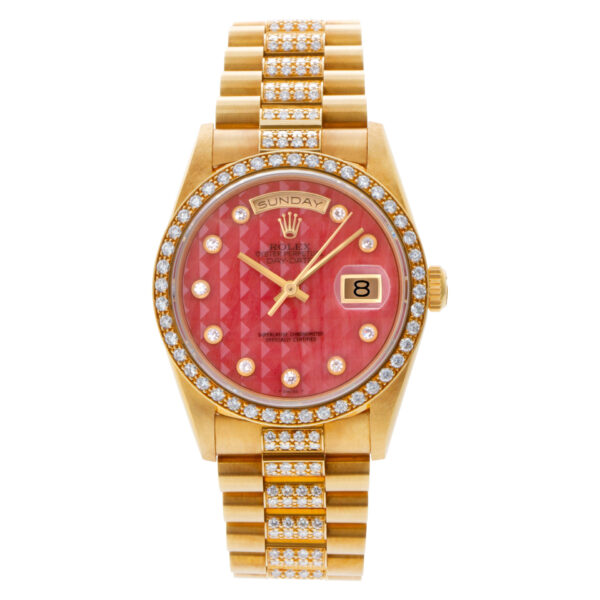 Rolex Day-Date Pyramid Coral diamond dial, diamond bezel, diamond bracelet watch