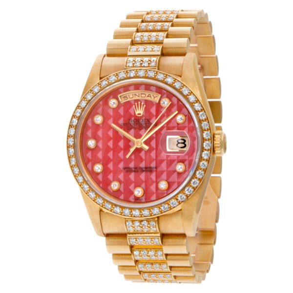 Rolex Day-Date Pyramid Coral diamond dial, diamond bezel, diamond bracelet watch
