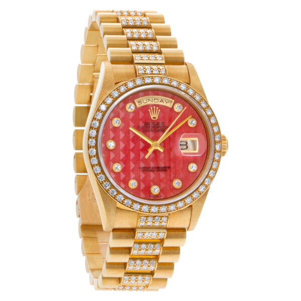 Rolex Day-Date Pyramid Coral diamond dial, diamond bezel, diamond bracelet watch