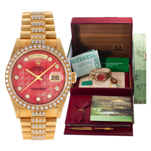 Rolex Day-Date Pyramid Coral diamond dial, diamond bezel, diamond bracelet watch