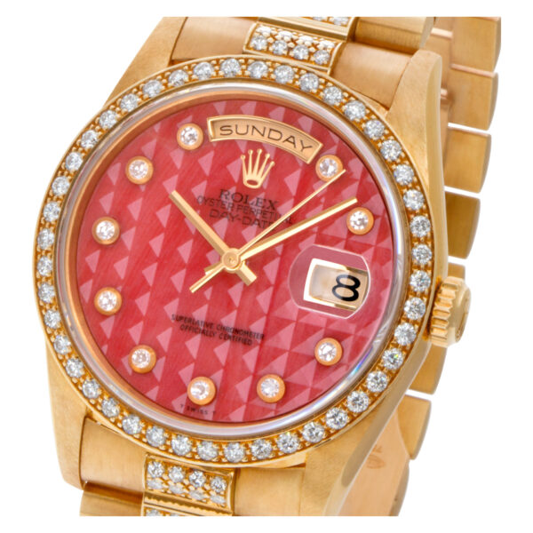 Rolex Day-Date Pyramid Coral diamond dial, diamond bezel, diamond bracelet watch