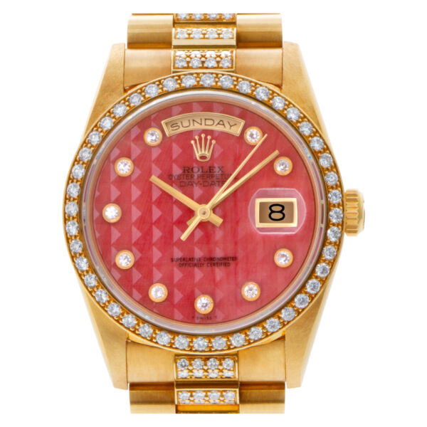 Rolex Day-Date Pyramid Coral diamond dial, diamond bezel, diamond bracelet watch